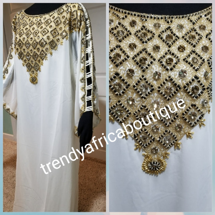 Classic white/gold Long free flowimg kaftan dress. Beaded and stones D Trendy Africa Boutique Classic white/gold Long free flowimg kaftan dress. Beaded and stones D Trendy Africa Boutique
