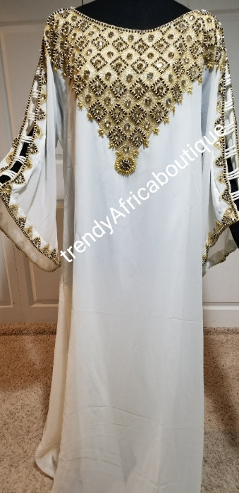 Classic white/gold Long free flowimg kaftan dress. Beaded and stones Dubai kaftan. Free size. Fit up to 1XL size. Burst size is 52 INCHES .