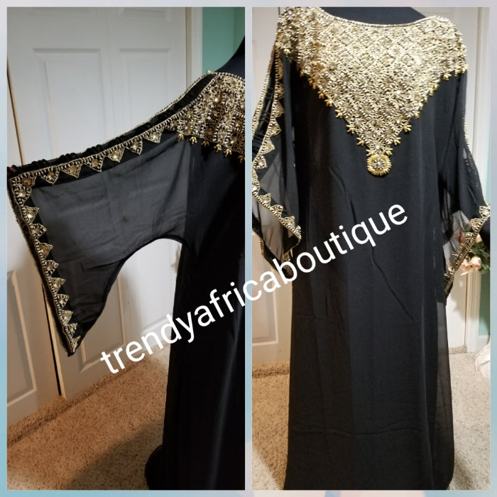 Black beaded and stones Dubai kaftan dress. Kaftan bubu free flowing dress for special occasion. One size fit up to 1XL.