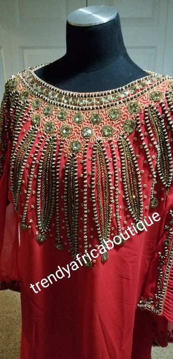 Free flowing Dubai kaftan dress in Red. Bubu dress free size fit up to 1XL. Beaded and stones chiffon kaftan for evening dress