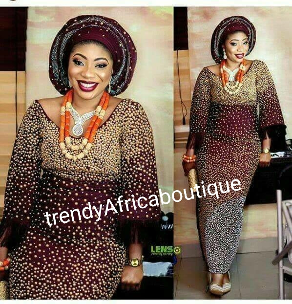 3pce Wine color Gorgeous Nigerian Traditional Native aso-oke woven in latest bead and rhinstones work. Only Made-to-order. Custom made design to individual size. Allow 6-8 weeks for production