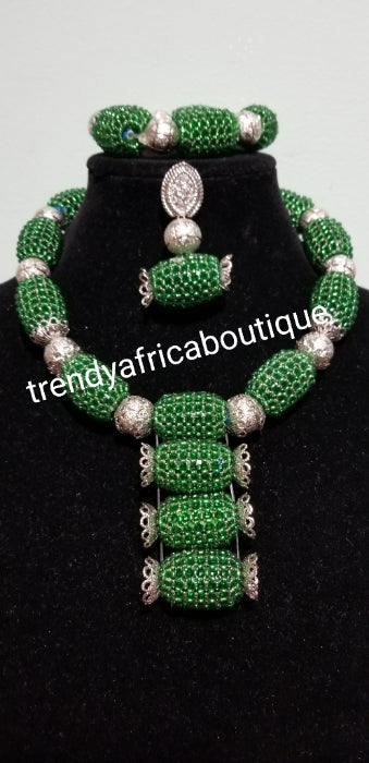 New arrival Green coral beaded-Necklace set in 3 piece. Drop necklace/bracelet/earrings. Nigerian traditional beaded necklace set. Sold as a set.