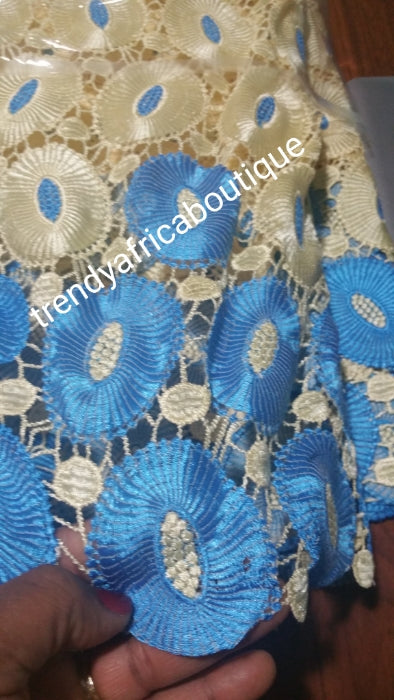 Quality Cream/turqouise blue Cord-lace fabric. Sold per 5yds. African Guipure-Llace for making African garments