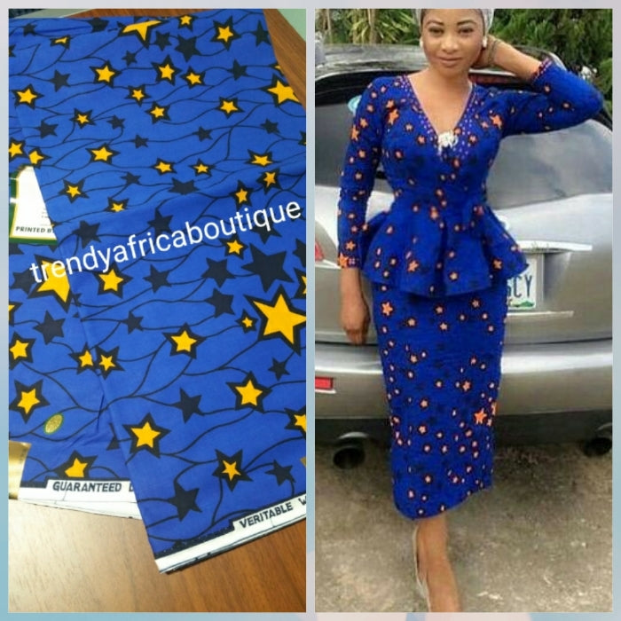 Blue yellow star Ankara African wax print Fabric. Sold per 6yds. Only Trendy Africa Boutique