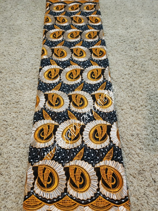 Clearance item: Black/Orange/champagne swiss Lace fabric. Embriodery and stones work. Soft quality lace fabric for African native outfit