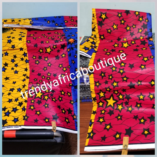 3 color Nigerian Gaurantee wax print yellow star in 3 tone colors  red/royal/yellow. African ankara wax print fabric sold per 6yds. 100% cotton. Hitarget