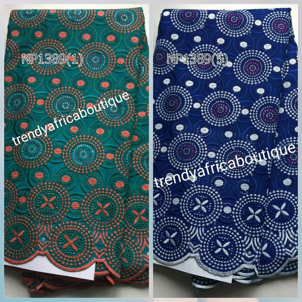 Royal blue/white Embriodery Swiss voile lace fabric. Original Quality fabric, quality multi Crystal stone work. Sold per 5yds. Price is for 5yds