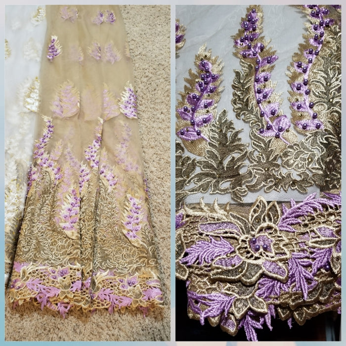 Beige/lilac Net French lace fabric, Luxery Embriodery African french lace fabric. Beaded and stoned to perfection. Sold per 5yds price is for 5yds. Beautiful border handcut embriodery work