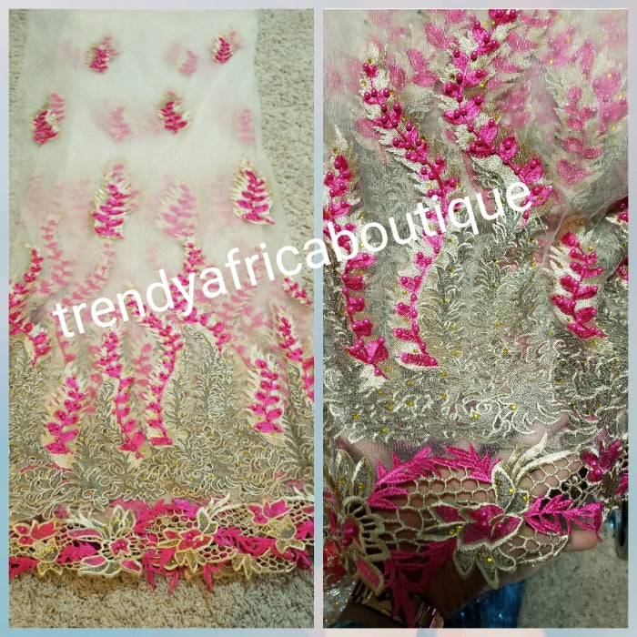 Champage gold/fuschia Net French lace fabric, Luxery Embriodery African french lace fabric. Beaded and stoned to perfection. Sold per 5yds price is for 5yds. Beautiful border handcut embriodery work