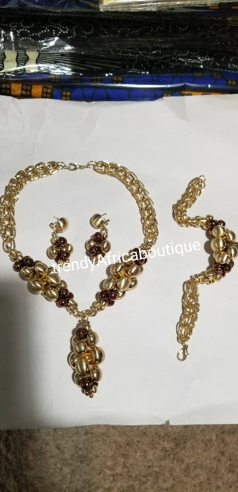 New 18k gold plated Costum Necklace set. Gold/chocolate brown accent. 3pcs. Bracelet fit 7" and 8" wrist. Sold as a set