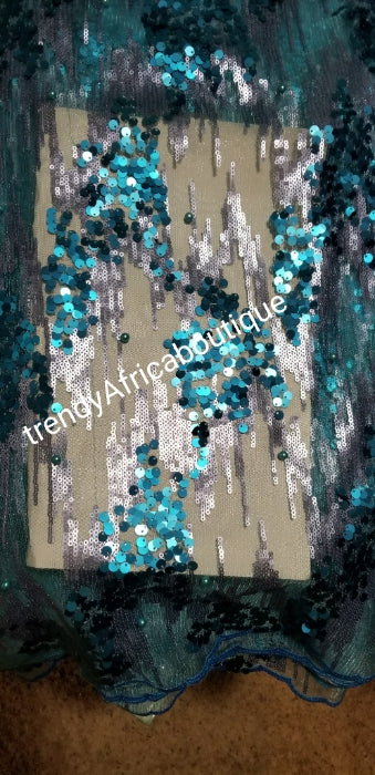 Turquoise blue sequence French lace fabric. Sold per 5yds. Orignal quality dazzling Sequence. African/Nigerian french lace fabric for making party dresses