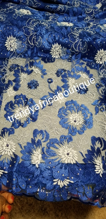 Royal blue/white quality french lace fabric. Embriodery with stones/pearls. African french lace for making party outfit