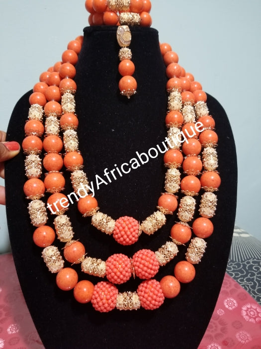 New arrival Edo round coral-necklace set. Traditional Bridal wedding Coral beads long row in 3 pce. earrings and double Bracelets. Exclusive Nigerian Native bead design with gold accessories sold per set. Bridal-accessories