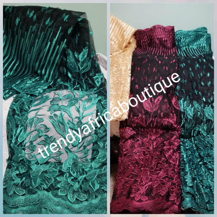 Clearance: Quality African embriodered French Lace fabric in black/teal. Sold per 5yds. Beaded and stones net french lace, glower border