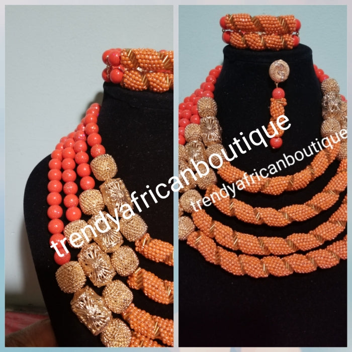 Sale: Special design 4 role coral-necklace set. Included 2 row bracelet and a drop earrings. Nigerian Traditional wedding coral beaded necklace. Edo Bride/celebrant beads. Sold as a set