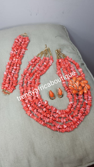 Clearance item: coral beaded necklace set. Made with coral chips. Multi roll Edo/Nigerian traditionsl coral necklace