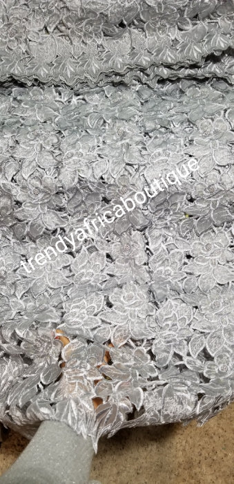Clearance sale: Organza handcut lace fabric in beautiful silver. Beaded and stoned Sfrican lace fabric for making party outfit. Sold per 5yds