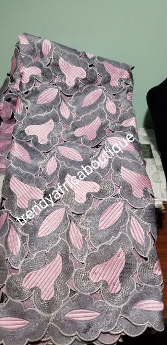 Sale sale: Big Embroidery hand cut Swiss lace fabric in Gray/pink color combinations. Exclusive Celebrant African Lace fabric for that special occasion. Sold per 5yds and price is for 5yds.