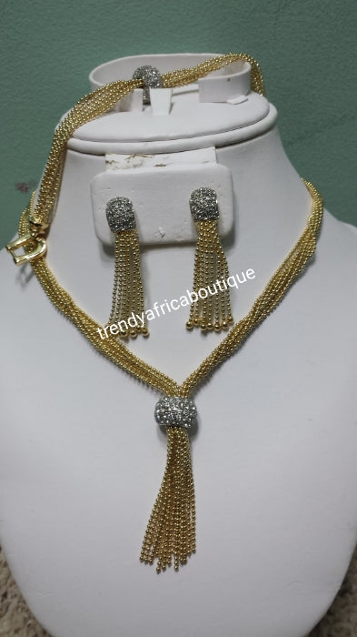 Clearance item: 2 tone multi strings necklace set. 3pcs. 18k 2 tone costume necklace set. Women bridal necklace set with silver accent. Sold as a set. Beautiful drop necklace with beautiful lock