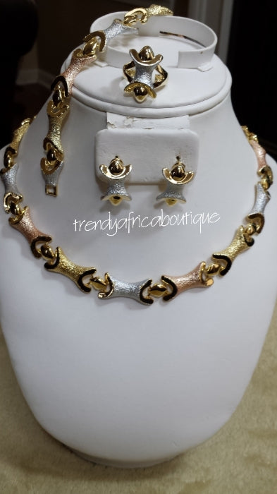 Clearance Item. 18k Costume Necklace set.3 tone high quality plating, hypoallergenic. 4pcs jewelry set. Necklace/bracelet/earrings and ring. Sold per set