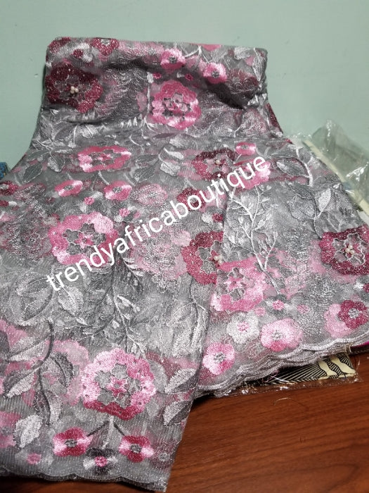Gray/pink Embridery tulle Africa French lace fabric. Beautiful flower design great texture for making Nigerian/African party dress. Sold per 5yds. Price is for 5yds. Aso-ebi lace. Contact for large quantity
