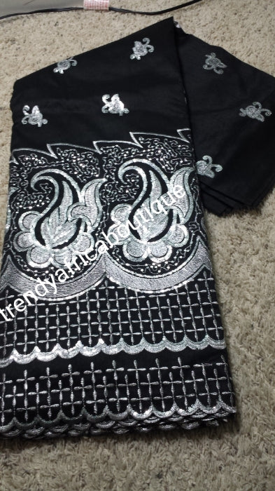 Elite premium Silk George. Embriodery Indian-George for Nigerian women wrapper. Sold in 5yds. Black/silver embriodery