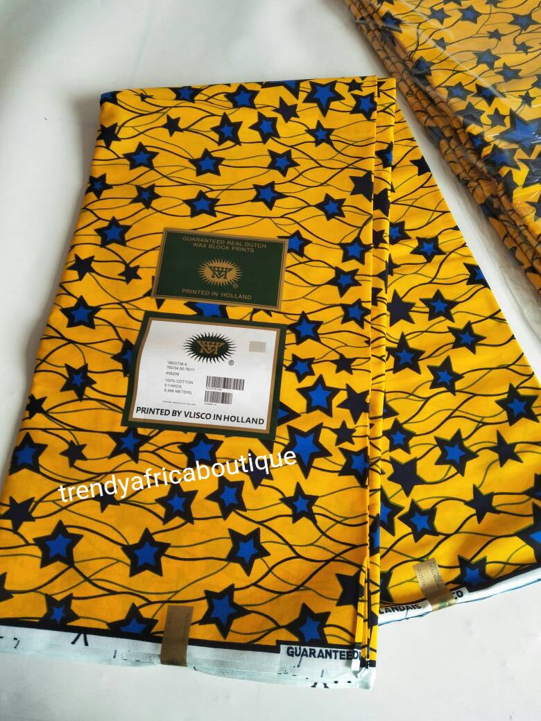 Top-Qualität aus 100 % Baumwolle, gelb/blauer Stern-Ankara-Wachsdruck. Hollandaise-Wachs in Supper-Qualität. Verkauft pro 6 Yards. Ankara aus afrikanischer/nigerianischer Baumwolle.