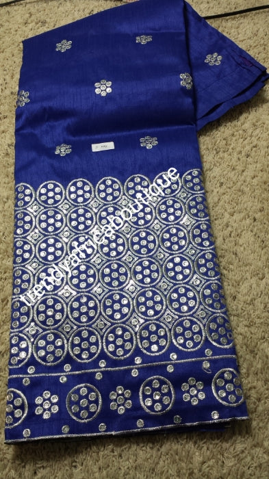 Stickerei in Königsblau/Silber. Elite Premium Silk George Deckblatt. Embriodery Indian-George für nigerianische Frauen. 5 Yards lang.