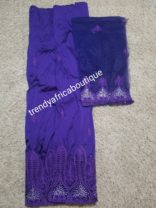 Purple embriodery George with matching net for blouse combination. Top Quality Indian-George for making Nigerian/African party dress. 5yds +1.8yds blouse. Contact us for aso-ebi order
