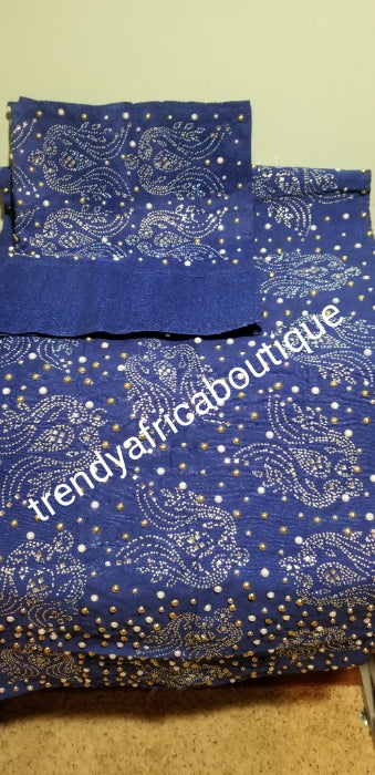 Royal blue Bedazzled aso-oke set in 3pcs. Gele/ipele (shoulder shawl)/cap piece for making men hat. Fully beaded and stoned to perfection for Nigerian Celebrant.