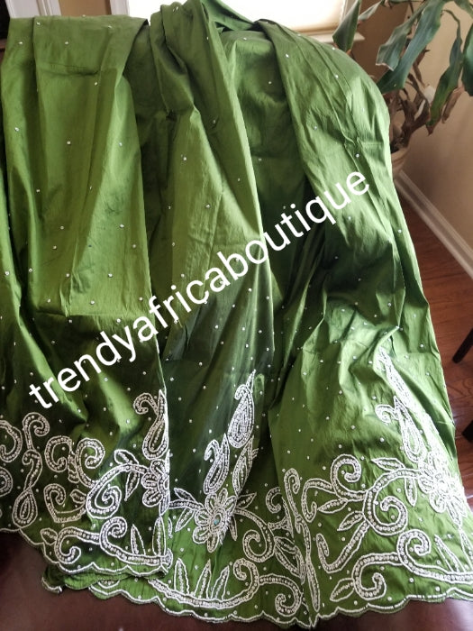 Clearance: hand stoned Silk George wrapper in beautiful olive green and white stoned design. Nigerian/igbo/Delta Bridal george wrapper. 5yds + 1.8yds net matching design for blouse combination. Sold as a set