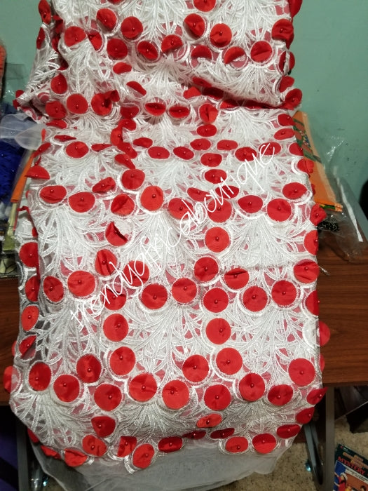 New arrival top quality White handcut sequence french lace embellished with Red petals. African Frwnch lace fabric sold per 5yds. White/Red. Nigerian weddings and big parties