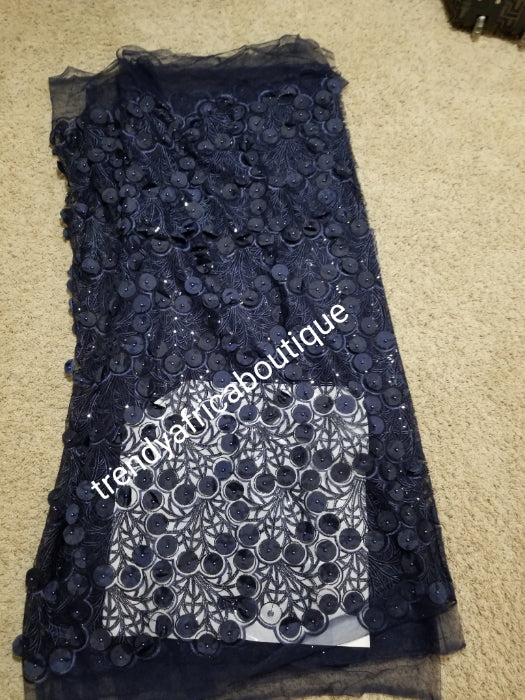 Latest design:Navy blue handcut sequine African French lace fabric embellished with round petals all over to perfection. Good for Celebrant/red carpet event. Sold per 5yds. Nigerian Bridal Lace