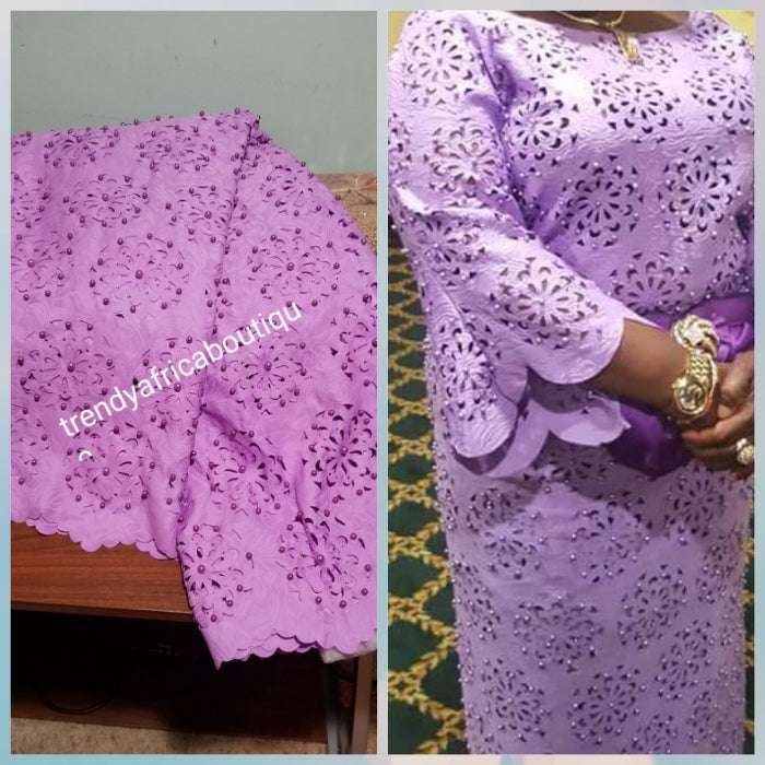 Beautiful Lilac Quality Swiss Voile lace fabric. Laser cut, soft texture and decorated with Crystal stones/pearls. Nigerian African french lace fabric.