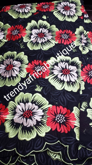 Swiss Hand cut voile Lace fabric. Quality voile lace use for Nigerian ceremony native wear. Black background/lemon and red embroidery. Available in 5yds. Nigerian Celebrant big lace