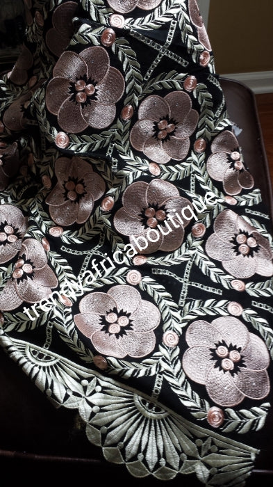 Black/peach/cream swiss voile lace fabric. Quality Nigerian/African party fabric. Sold per 5yds. Price is for 5yds. Swiss embroidery swiss lace, soft texture