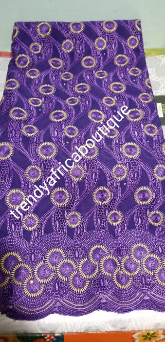 Luxurious quality Swiss voile lace fabric in purple/gold embroidery. Exclusive design for Nigerian wedding/party oufit. Sold per 5yds, price is for 5yds