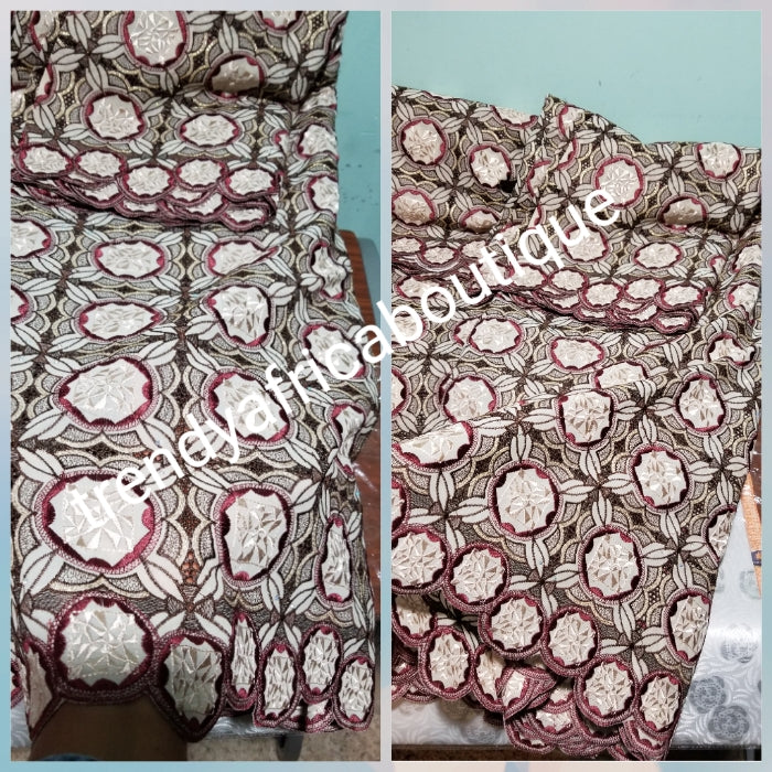 Special offer: new arrival swiss lace fabric. Quality, soft embriodery lace for Nigerian party outfit. Sold per 5yds, price is for 5yds. Beige/wine.