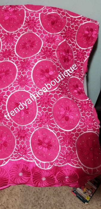 Fuschia pink/white Embroidery Swiss voile lace. Quality design for that special occasion. Sold per 5yds, price is for 5yds