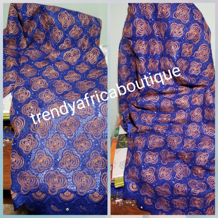 Special offer. Beautiful classic royalblue/ orange swiss dry lace fabric. African/Nigerian Embroidery swiss lace fsbric for making party outfit. Sold per 5yds. Price is for 5yds
