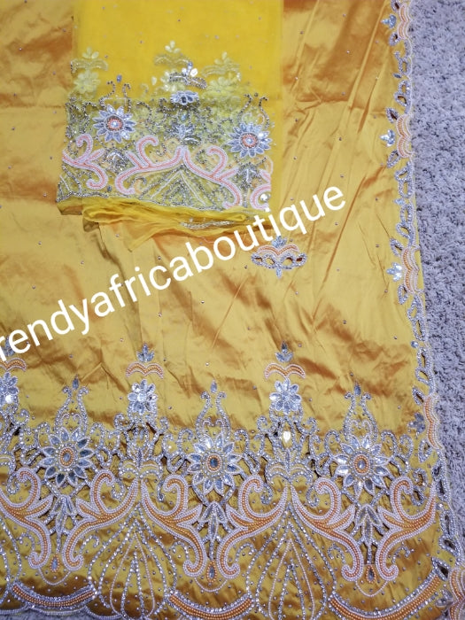 Ready to ship Sweet musterd yellow crystal stoned/beaded Nigerian traditional Igbo Bridal George wrapper with matching net blouse. 5yds silk george + 1.8yds matching net blouse. Hand cut work with exclusive dazzling stone work. Niger/Igbo/delta wrapper