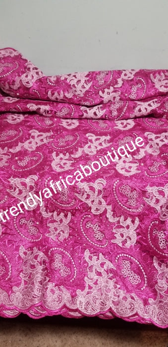 New arrival Hot pink African french lace fabric. Sold per 5 yards. Soft texture. Price is for 5yds. Embriodery french lace for making Nigerian party dress.