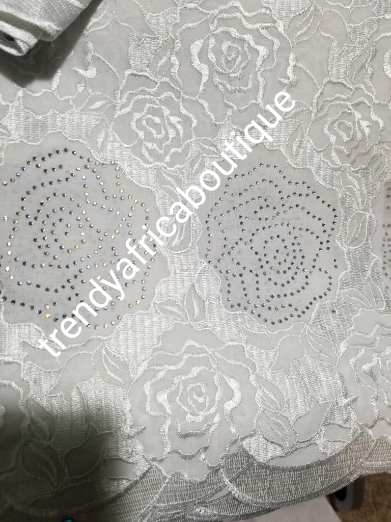 Exclusive White/white Nigerian wedding swiss Lace fabric. Quality embroidery white lace. Embellish with dazzling crystals