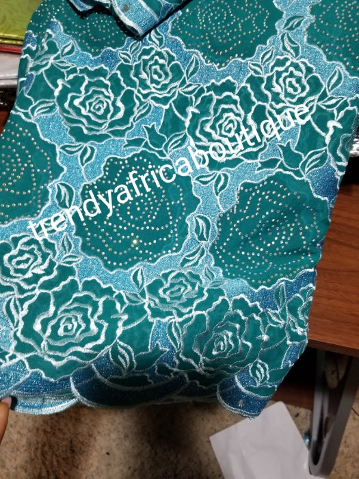 Sale: Beautiful quality Embroidery Swiss lace fabric. Mint green African wedding/ceremonial Lace fabric, embellished with white crystal stones. Sold per 5yds