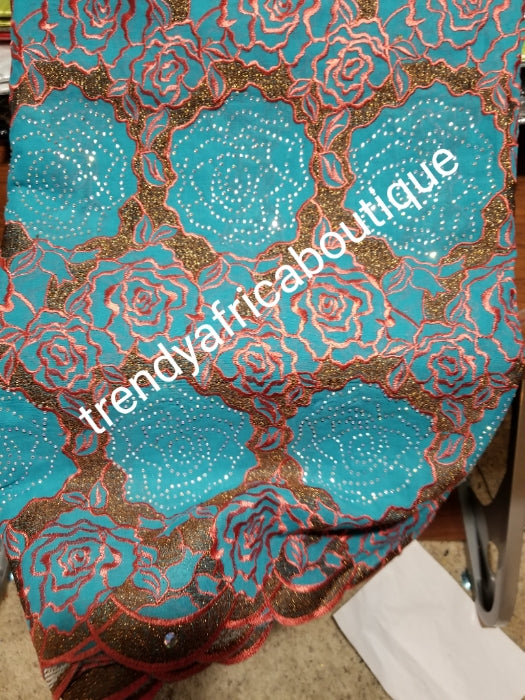 Sale: Beautiful quality Embroidery Swiss lace fabric. Aqua/coral African wedding/ceremonial Lace fabric, embellished with white crystal stones. Sold per 5yds