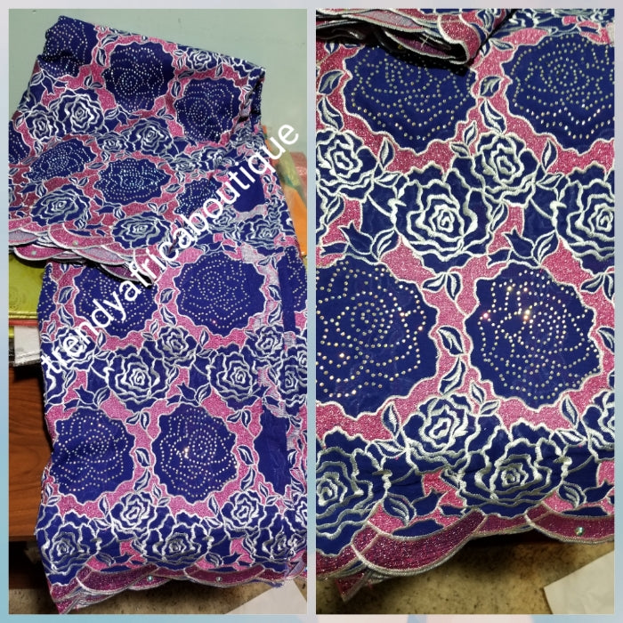 Sale: Beautiful quality Embroidery Swiss lace fabric. Navy/pink/white African wedding/ceremonial Lace fabric, embellished with white crystal stones. Sold per 5yds
