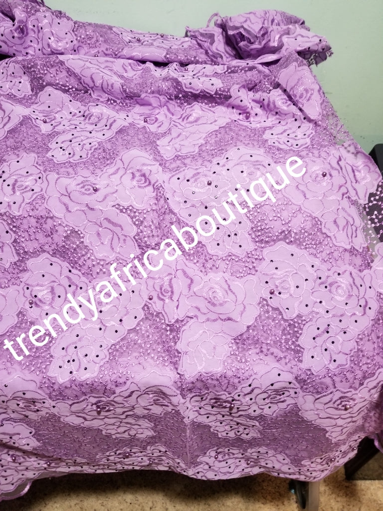 Luxurious Lilac french lace fabric. Exclusive design. Soft texture with unique design. Beaded and stones. Sold per 5yds, price is for 5yds