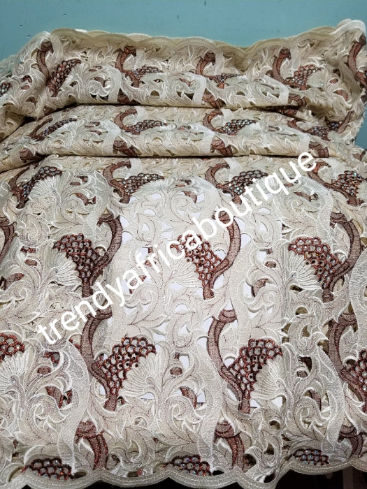 Quality swiss lace fabric in champagne/chocolate embroidery. All over crystal stones. Celebrant swiss lace for Nigerian party outfit. Sold per 5yds