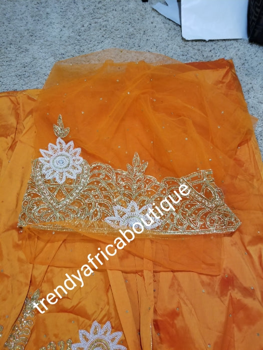 Ready to ship: Orange VIP hand beaded and stoned George wrapper with matching blouse for Celebrants: Nigerians Traditional Igbo/Delta women wrapper for high society party. Sold as set of 5yds+1.8yds blouse