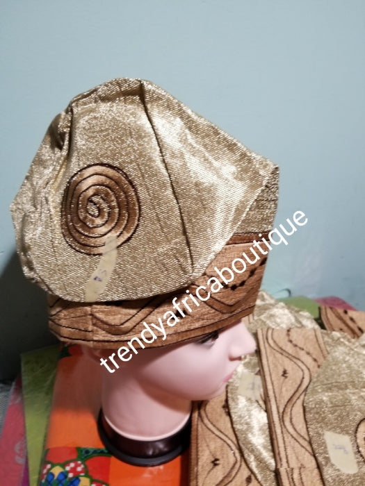 Agbada embroidered cap for men. Made with fine quality aso-oke. Available in size 22.5 and 23. Nigerian Agbada cap in champagne gold